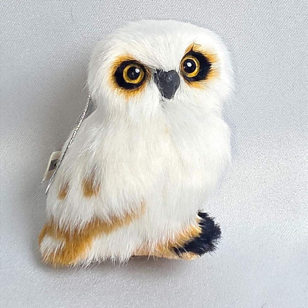 Faux Fur Snowy Owl Christmas Ornament White Brown Woodland Bird Decor